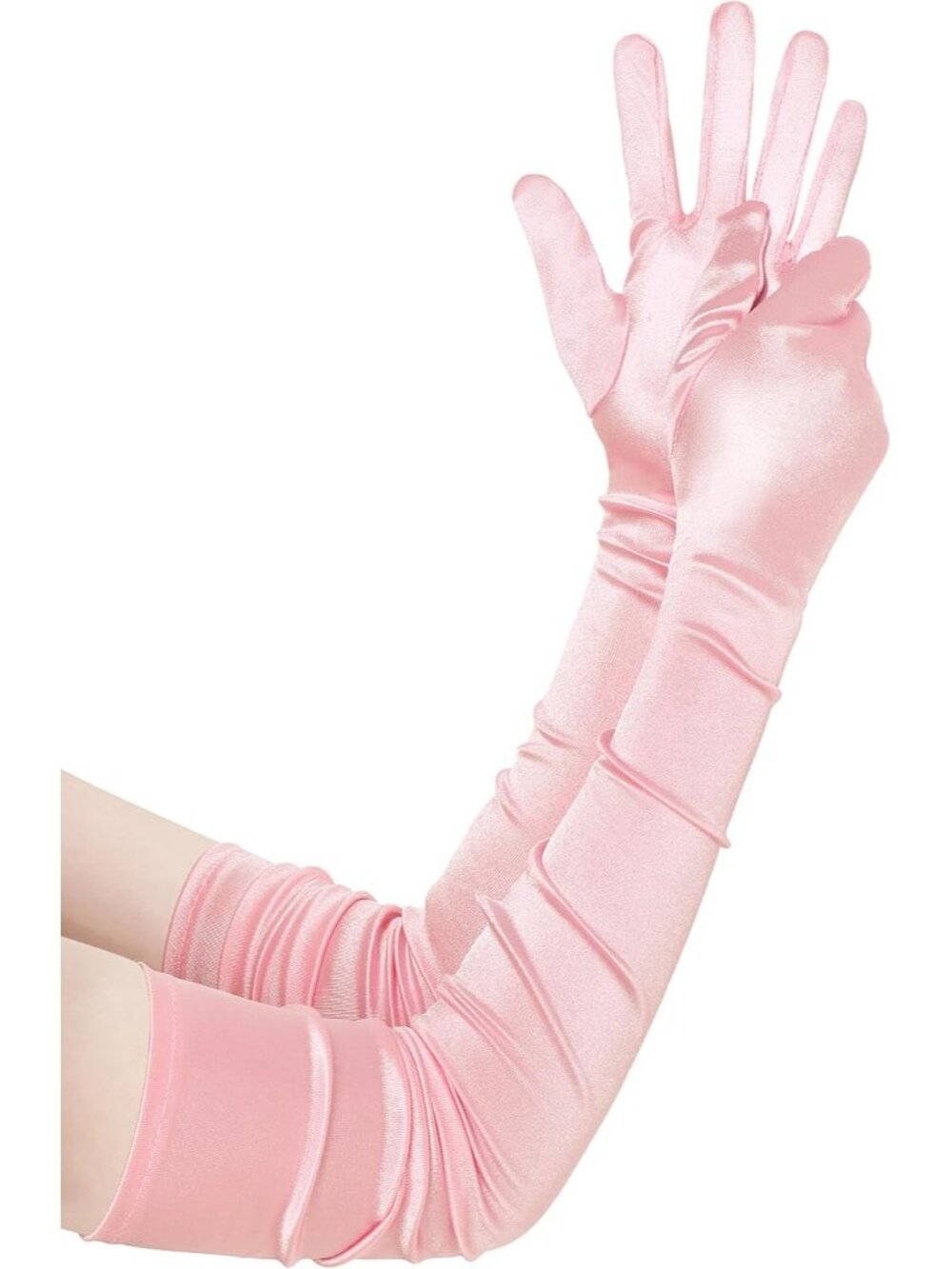 Women Pink Stretchy Satin Upper Arm Length 1920s Flapper Long Opera Gloves